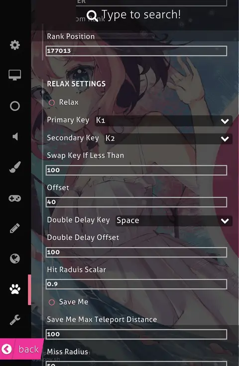 Ainu: Relax Settings with key bindings and the Save Me failsafe