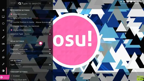Arc's in-game options sidebar showing PP counter, relax and aim settings over the osu! main menu