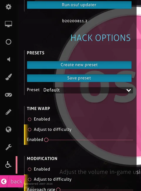 Chloe's HACK OPTIONS heading inside osu!'s options menu, above Presets and Time warp