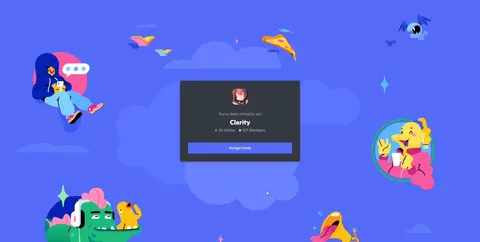 A Discord invite modal reading You've been invited to join Clarity, 46 Online and 107 Members, with an Accept Invite button