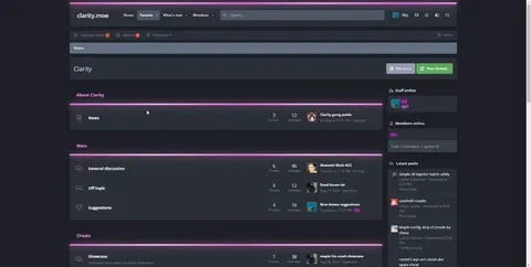 The clarity.moe XenForo forum home browsed by an admin account Sky, showing News, General discussion, Off topic, Suggestions, and a Cheats Showcase, with a Latest posts sidebar