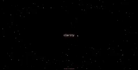 The clarity.moe landing page: a black starfield with the lowercase wordmark clarity and two links, forum and discord
