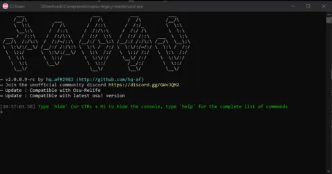 The hqOsu console attached to osu!, showing its ASCII banner and version line
