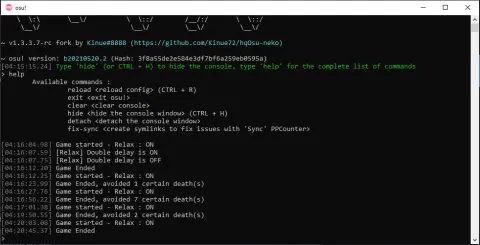The hqOsu-neko console showing its version banner, the help output and a run of relax logs