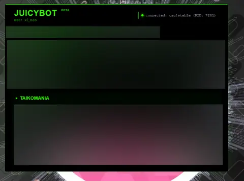 JuicyBot beta client connected to osu!stable, showing a Taikomania section with empty panels