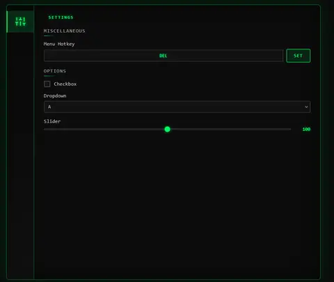 JuicyBot closed-beta settings panel with placeholder controls: a menu hotkey field, a checkbox, a dropdown, and a slider