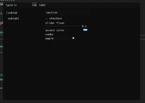 Lycoris menu with tab and tab2 at the top, subtab and subtab2 on the left, and a section panel with a checkbox, slider float at 0.1, accent color, and a combo dropdown set to maple