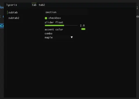 The same Lycoris menu with the accent color switched to green, checkbox enabled, and slider float at 2.8
