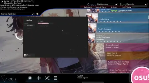 Malice's Aim Assist panel with an Enable toggle and a strength slider, overlaid on the osu! song select screen
