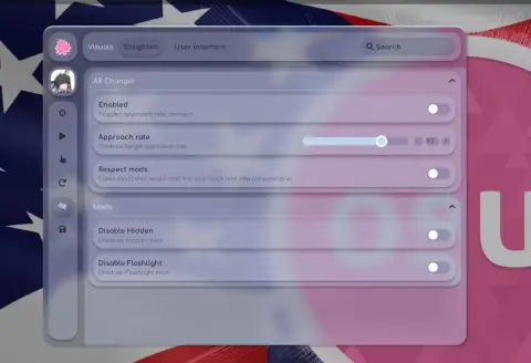 Maple Enlighten panel showing an AR Changer with an approach rate slider and a Respect Mods toggle, plus a Mods section with Disable Hidden and Disable Flashlight toggles