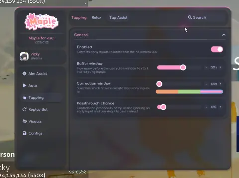 Maple Tap Assist panel: an enabled toggle that corrects early inputs to land within the hit window, with buffer window, correction window, and passthrough chance sliders