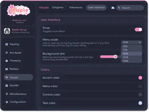 Maple User Interface panel: Snow toggle, a menu scale dropdown from 50 percent to 150 percent, a background dim slider, and Colors for accent, menu, control, and text