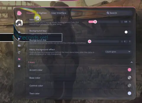 Maple Visuals panel on a newer build with a Liquid Glass menu background effect, menu scale, background blur, background dim, and Colors