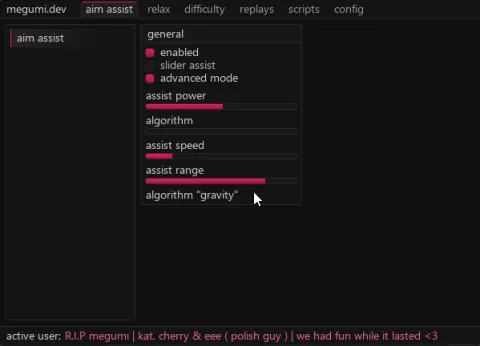 The same Discord-sourced Auto Assist Megumi aim assist panel with the algorithm set to gravity, showing assist speed and assist range sliders