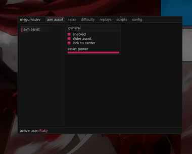 Auto Assist Megumi client menu: aim assist panel with enabled, slider assist, lock to center, and an assist power slider