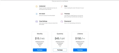 megumi.dev features and pricing: undetected, aim assist, relax, timewarp, visual settings, streamproof, and monthly, quarterly, and lifetime tiers