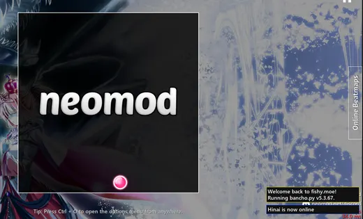 neomod's main menu logged in to fishy.moe, with the server welcome notification