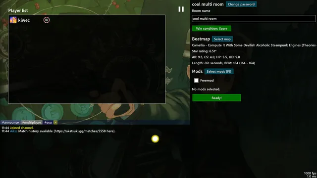 A neomod multiplayer room: player list, room settings, map, mods and chat