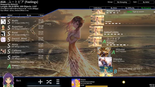 neomod song select with the online leaderboard open beside the map list