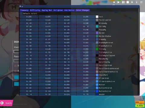 OsuAuth's Color Changer tab over the osu! sign-in screen: a full per-element colour table with R, G, B, A rows for Text, WindowBg, Border, TitleBg, ScrollbarGrab, CheckMark, SliderGrab, Button, Header and more, alongside Timewarp, Difficulty, Replay Bot, Enlighten, Aim Assist, and Color Changer tabs