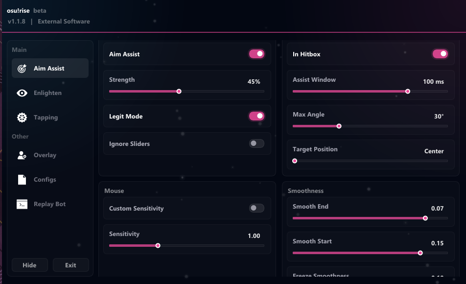 OSU!RISE Aim Assist settings panel