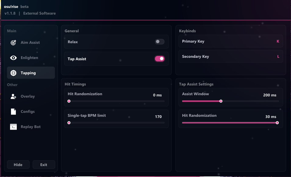OSU!RISE Tap Assist settings panel