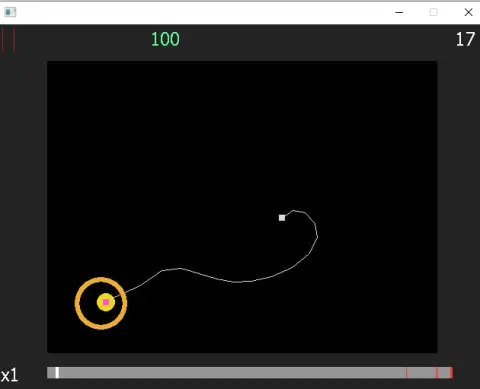 The rumoi replay editor showing a 100 judgement, the cursor path trailing into a hitcircle