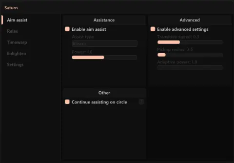 Saturn's Aim assist panel: Assistance (enable toggle, Kinetic assist type, Power 1.0), Advanced (transition speed 0.3, pickup radius 3.5, adaptive power 1.0), and a Continue assisting on circle toggle