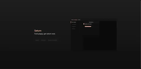 The old saturncheat.xyz landing page: a Saturn wordmark and tagline with Panel, Discord, and Terms of service buttons, and the client's aim-assist menu (titled Saturn staging - weird) overlaid on the right