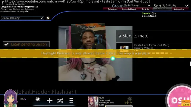 osu! song select on a 9.87 star map with a yellow banner across the screen reading: Flashlight Remover is only allowed below 7 stars. This map is 9.87 stars.