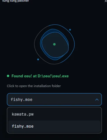 The Tung Tung Patcher launcher window: it found osu! at D:\osu!\osu!.exe, and the server dropdown lists kawata.pw and fishy.moe