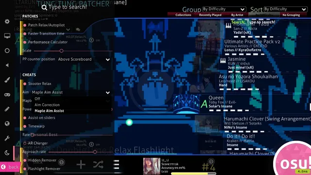 The patcher menu over song select with the Aim dropdown open, offering Off, Aim Correction and Maple Aim Assist, above a Maple algorithm row, a Power slider and an Assist on sliders toggle