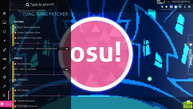 The TUNG TUNG PATCHER menu over the osu! main menu: PATCHES (Patch Relax/Autopilot, Faster Transition time, Performance Calculator with a Scale slider and a PP counter position dropdown reading Above Scoreboard) and CHEATS (Skooter Relax, Aim set to Aim Correction with a Range slider, Timewarp with a Rate slider, AR Changer with an Approach rate slider, Hidden Remover, Flashlight Remover)