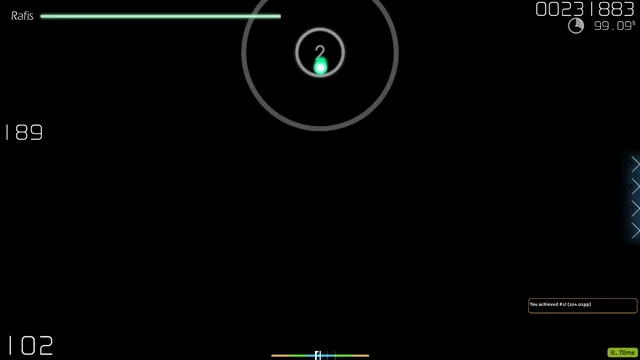 Gameplay on a dark skin: the patcher's live pp counter on the left above the scoreboard, 99.09% accuracy, and a You achieved #1! (204.01pp) notification